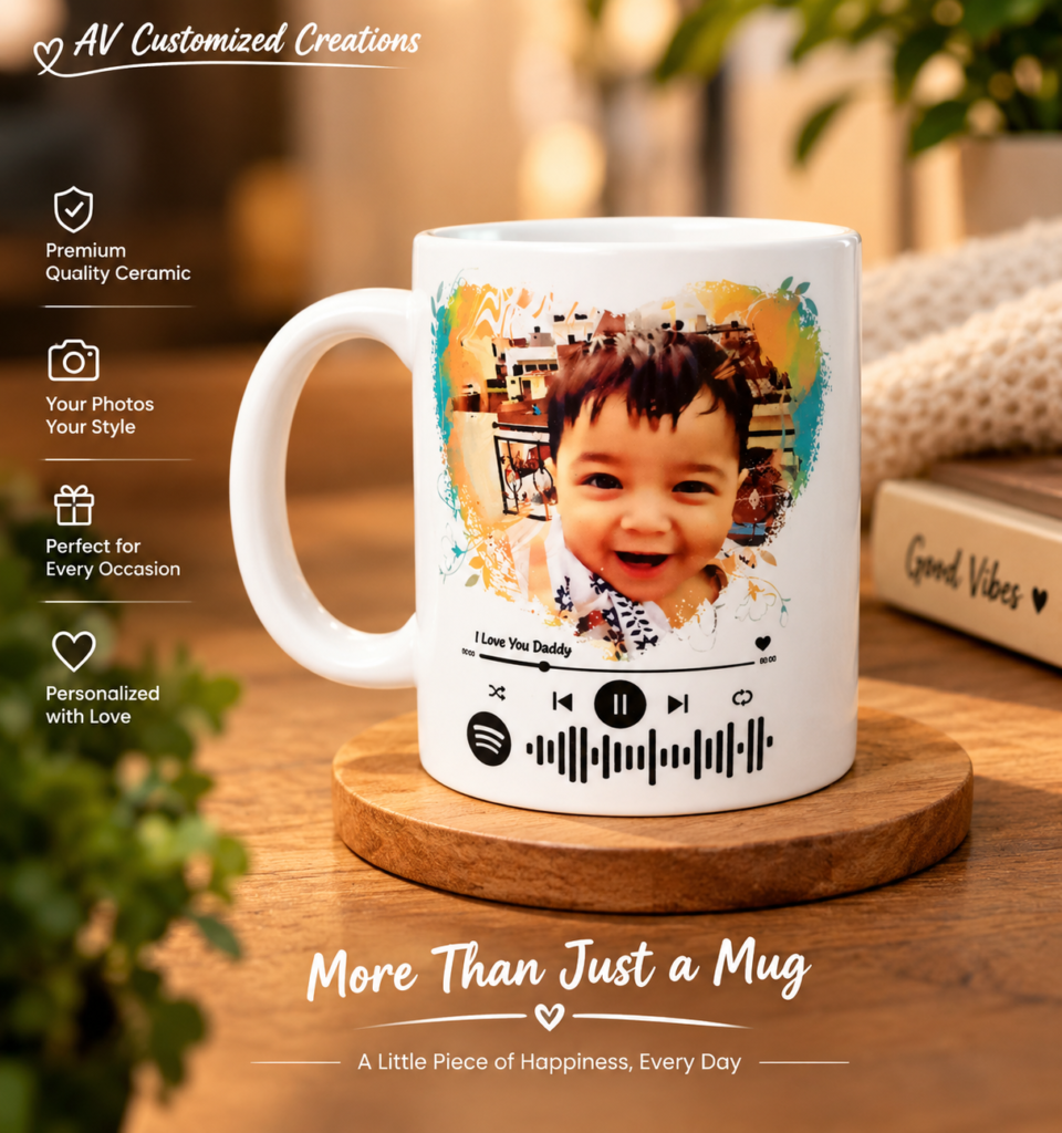 Personalized white ceramic mug with custom photo printing, 325 ml