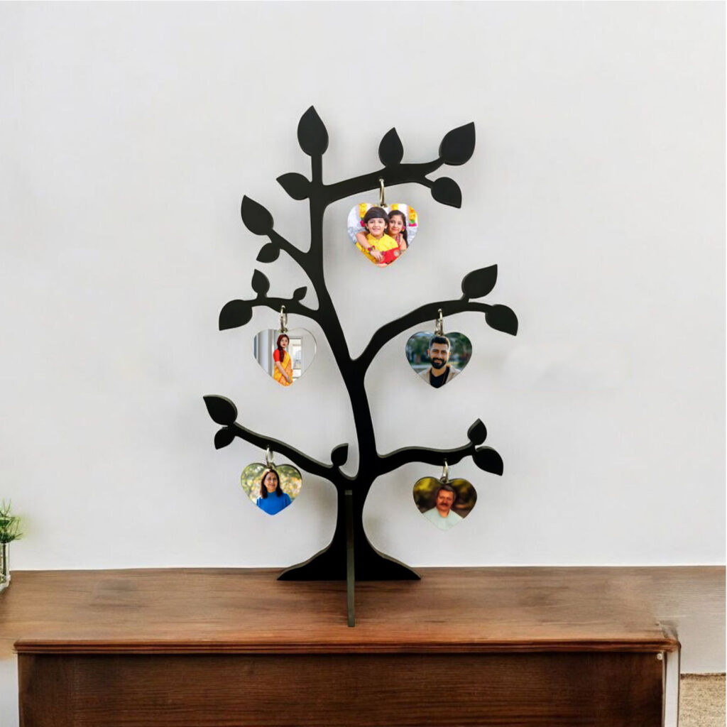 Customized MDF wooden family tree photo frame stand with 5 personalized heart-shaped photo prints.