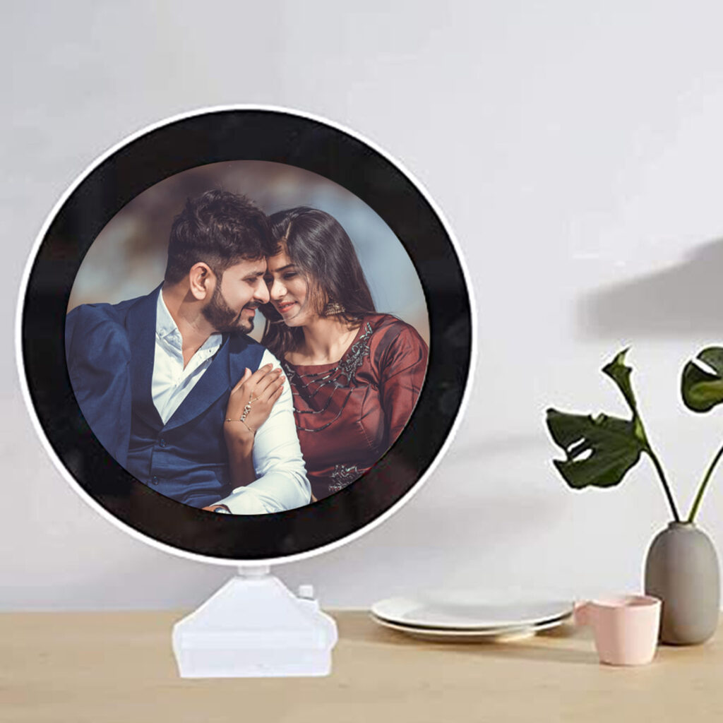 Personalized round shape magic mirror with LED light and custom couple photo