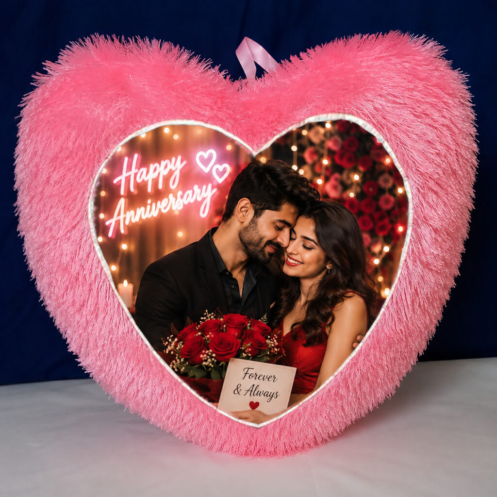 Personalized pink heart shape fur cushion with custom photo print