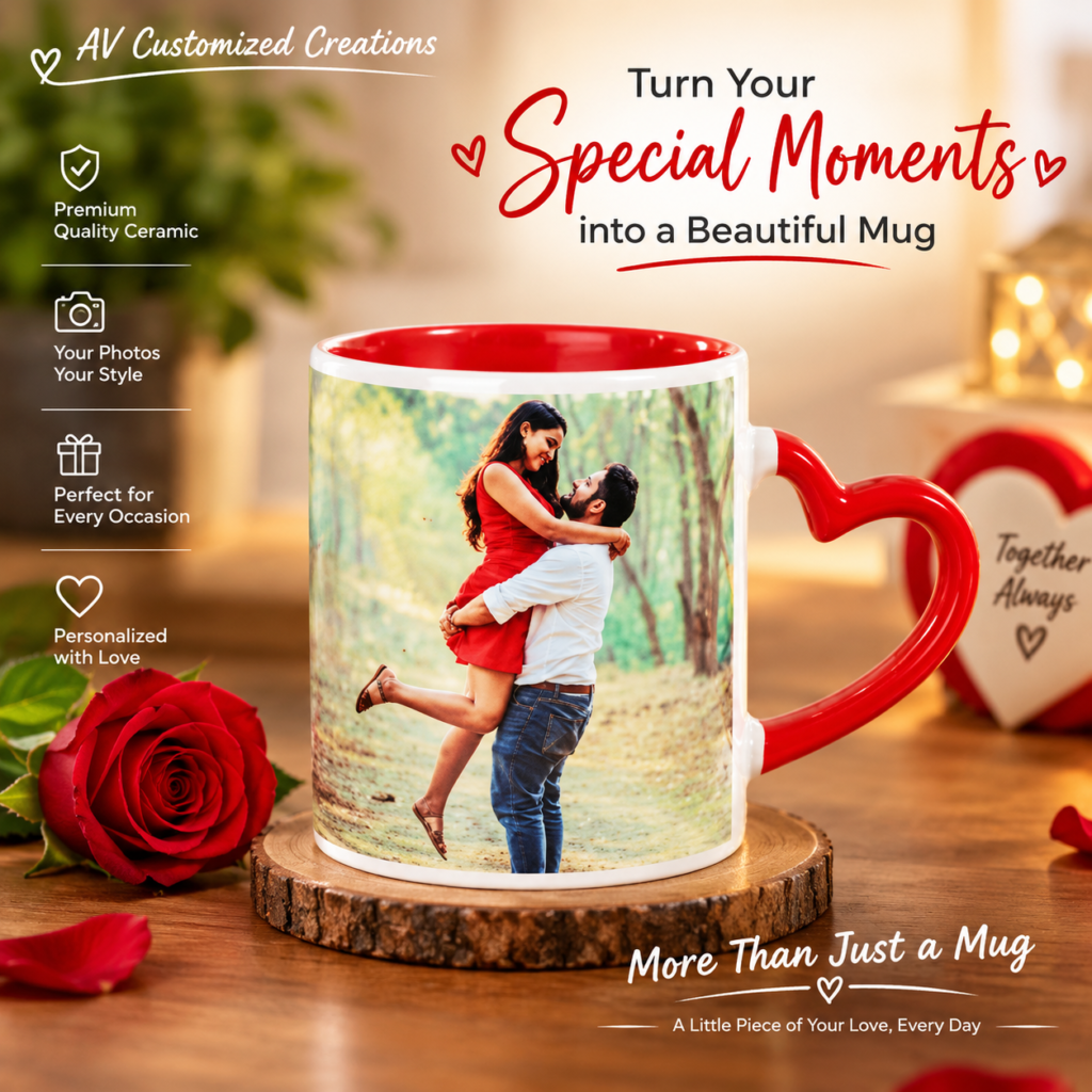 Personalized heart handle ceramic couple photo mug, 325 ml romantic gift