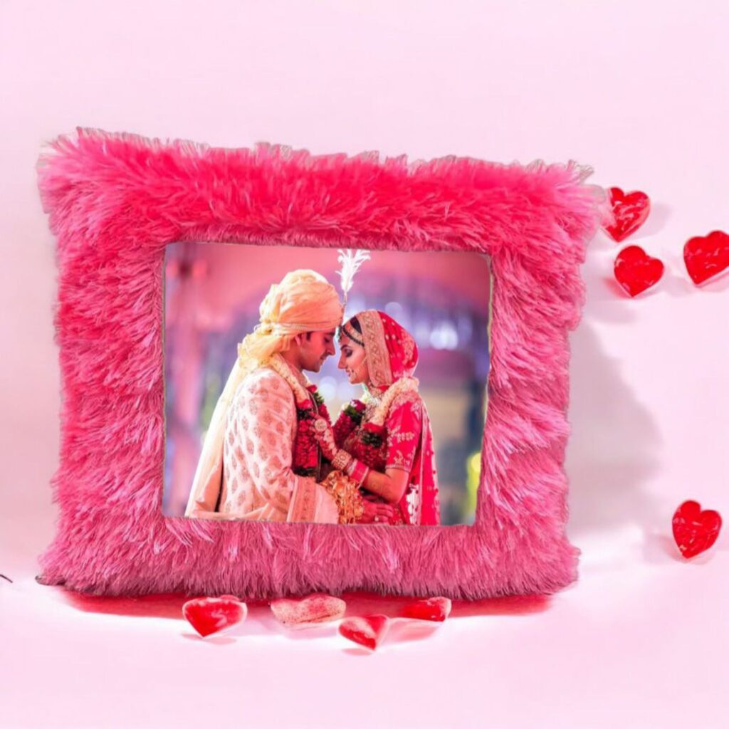 Personalized pink square fur cushion cover with custom photo printing, 16 × 16 inches