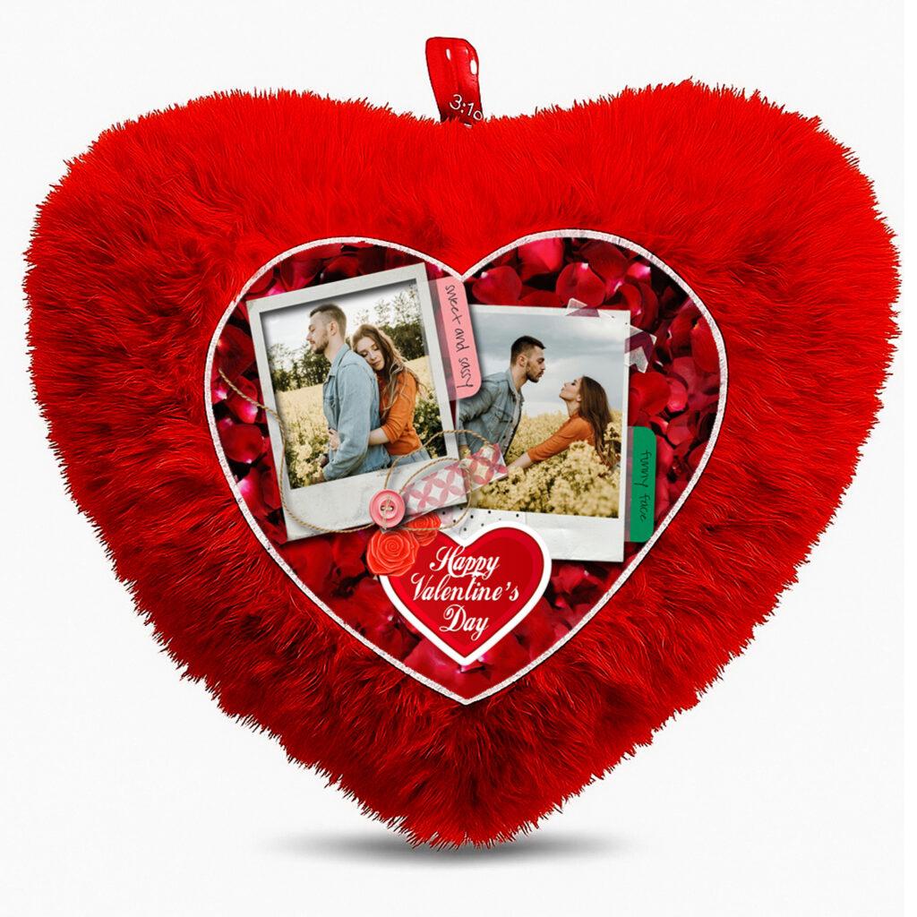 Personalized red heart shape fur cushion with custom photo print