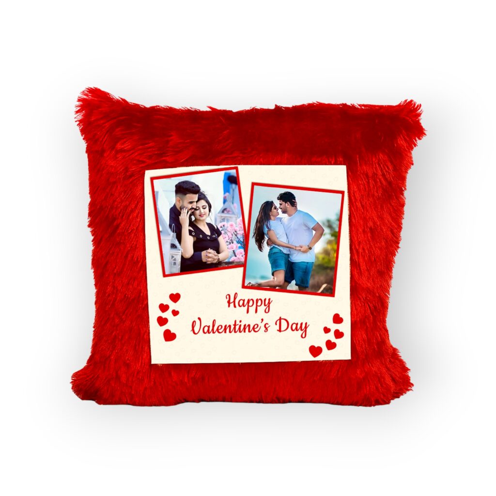 Personalized red square fur cushion cover with custom photo printing, 16 × 16 inches